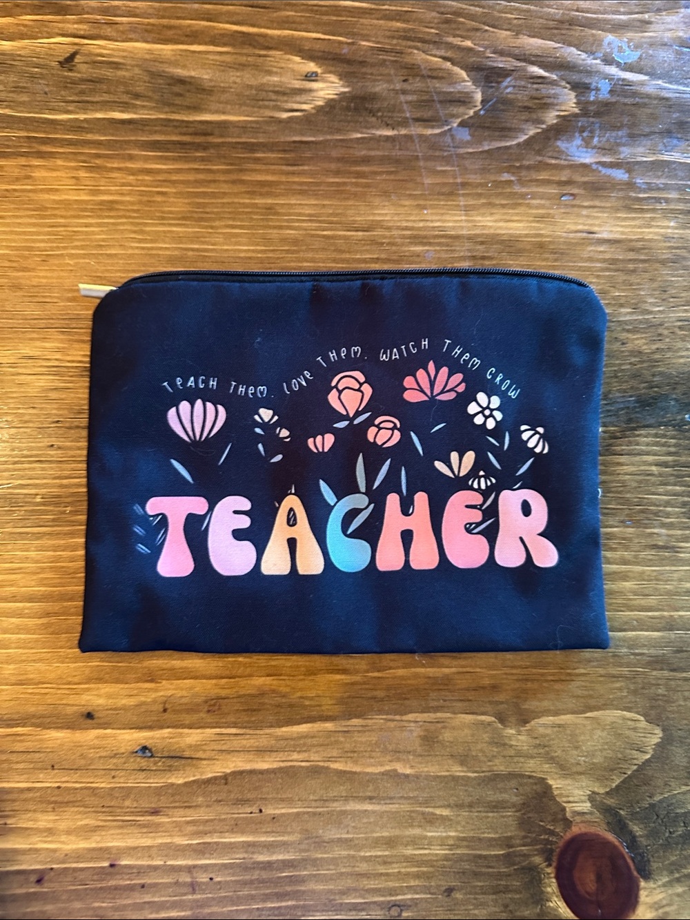Teacher Floral Zip Pouch - Black with Pink Accent